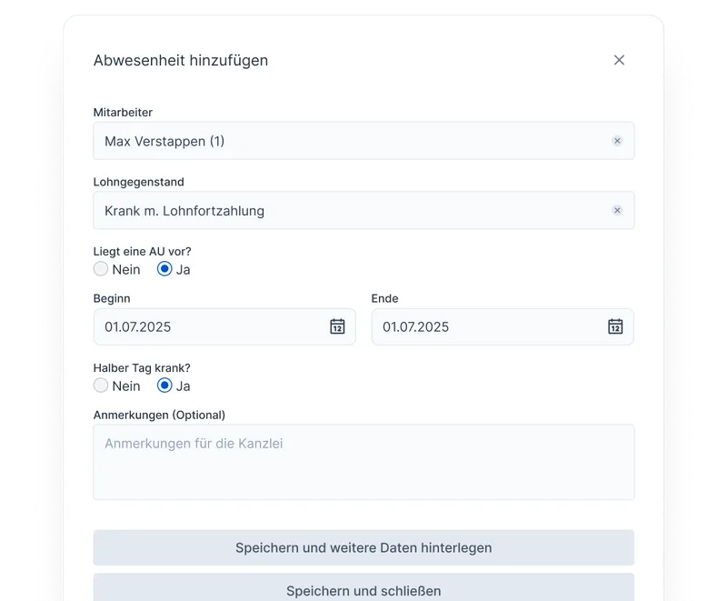 Bild des Formulars für Abwesenheiten