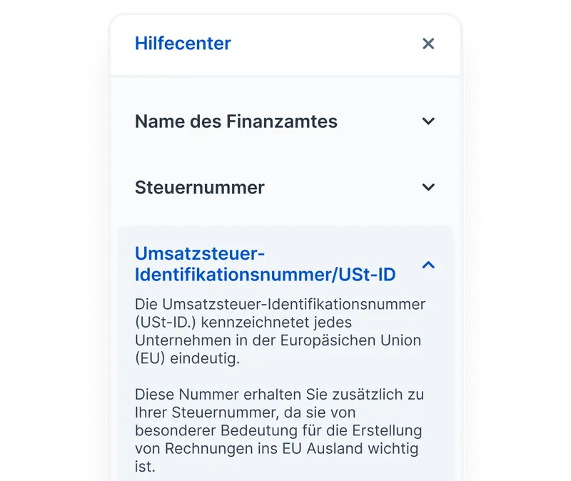 Screenshot der Inhaltsbasierte Hilfe mit Beispiel für eine Frage und Antwort zur Umsatzsteueridentifikationsnummer