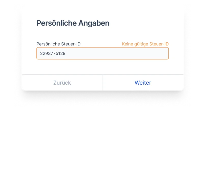 Screenshot der Fastdocs Plausibilitätsprüfung mit Fehlermeldung bei ungültiger Steuer-ID Eingabe