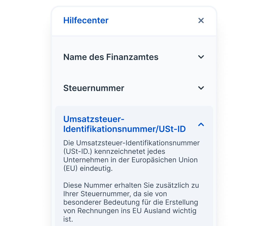 Screenshot der Inhaltsbasierte Hilfe mit Beispiel für eine Frage und Antwort zur Umsatzsteueridentifikationsnummer