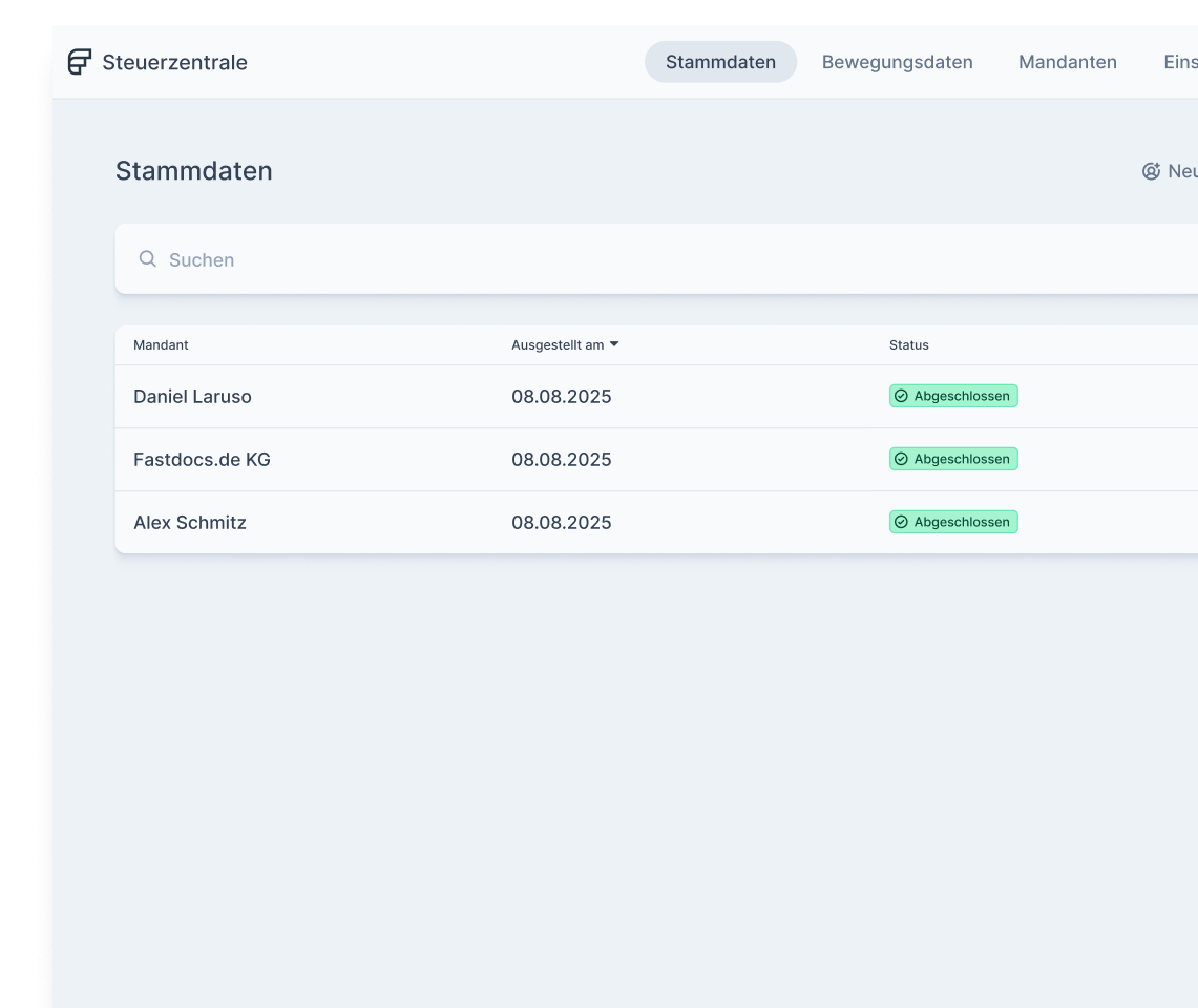 Screenshot der Fastdocs Steuerzentrale mit Übersicht über laufende Mandantenstammdatenprozesse